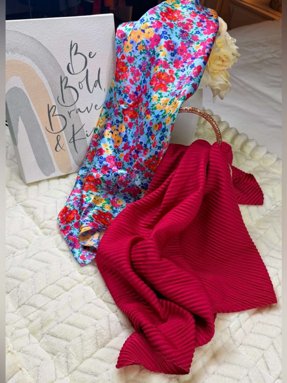 Elegant Bright Floral & Ruby Red Silk Scarves - Double Pack